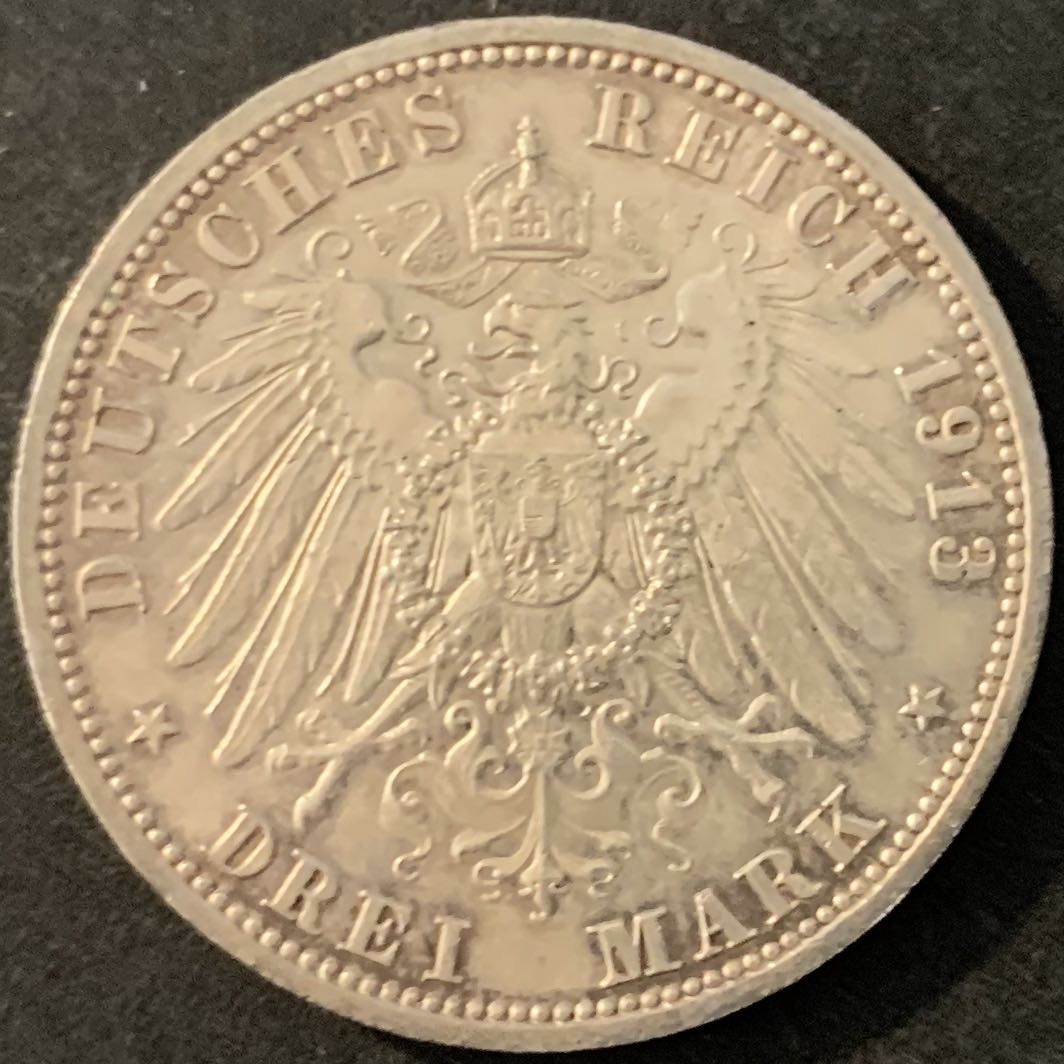 紫瑗钱币—微拍第70期  德国 普鲁士 1913年 威廉二世 军装 3马克 16.667克 0.9银