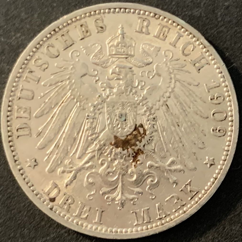 紫瑗钱币—微拍第70期  德国 普鲁士 1909年 威廉二世 3马克 16.667克 0.9银