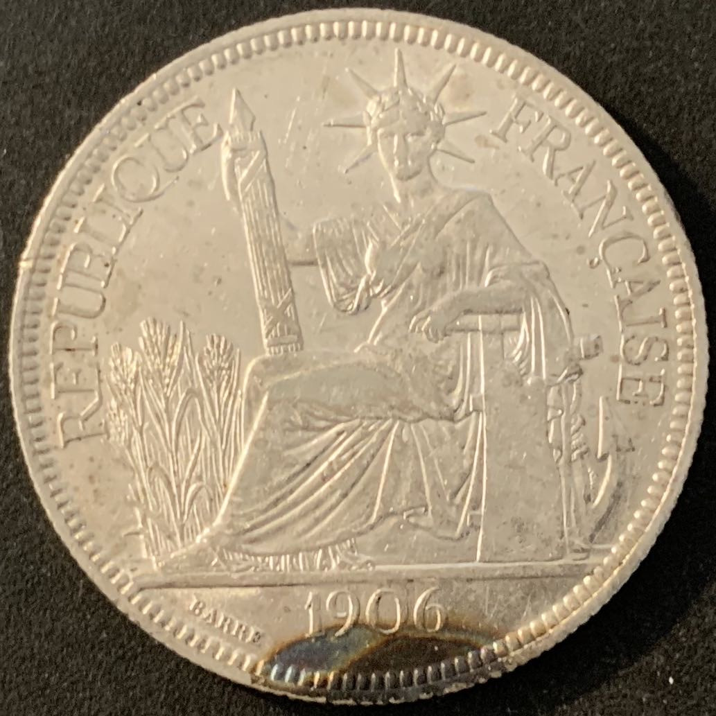 紫瑗钱币—微拍第70期  法属印度支那 1906年 1皮阿斯特 坐洋 27克 0.9银 AU品质