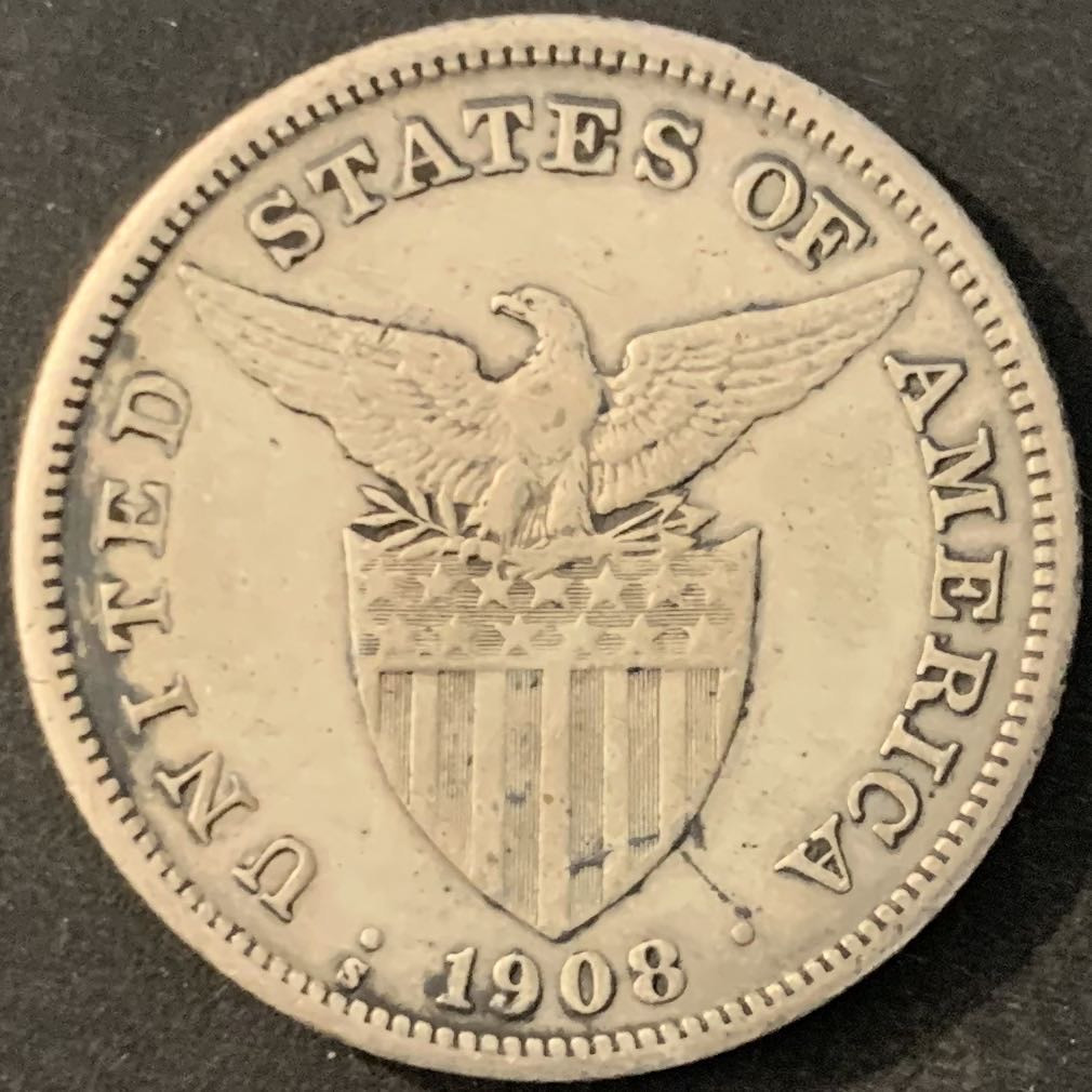 紫瑗钱币—微拍第70期  美属菲律宾 1908年 女神与火山 1比索 20克 0.8银