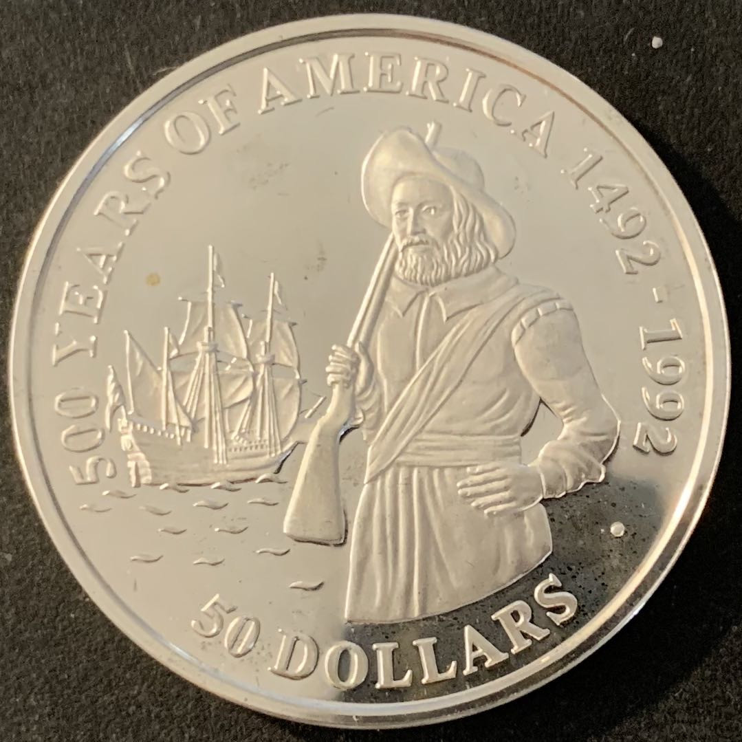 紫瑗钱币—微拍第70期  库克群岛 1990年 发现美洲500周年 50元 31.35克 0.925银 精制 1