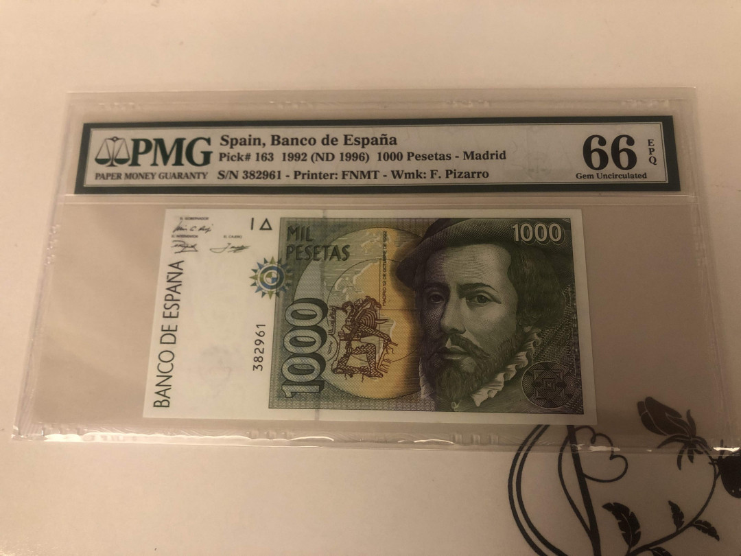 【收藏联盟】第142期拍卖——地中海心脏（共50拍） 西班牙 1992年 1000比塞塔 PMG66EPQ