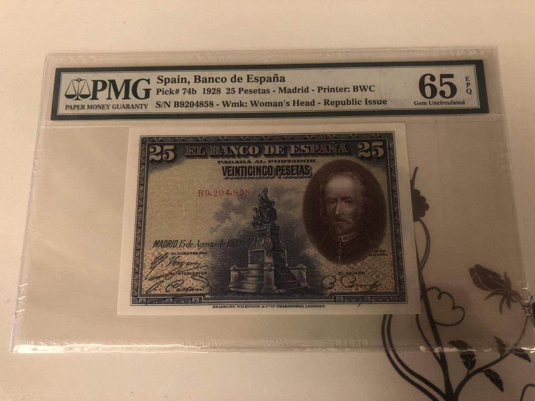 【收藏联盟】第142期拍卖——地中海心脏（共50拍） 西班牙 1928年 25比塞塔 PMG65EPQ BWC