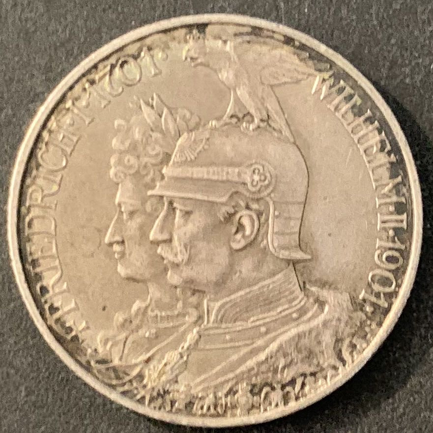 紫瑗钱币—微拍第70期  德国 普鲁士 1901年 建国200周年 2马克 11.11克 0.9银