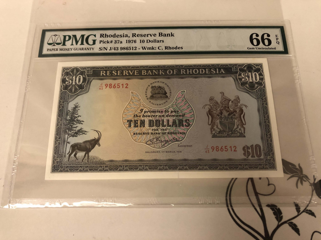 【收藏联盟】第142期拍卖——地中海心脏（共50拍） 罗德西亚 1976年10元 PMG66EPQ 