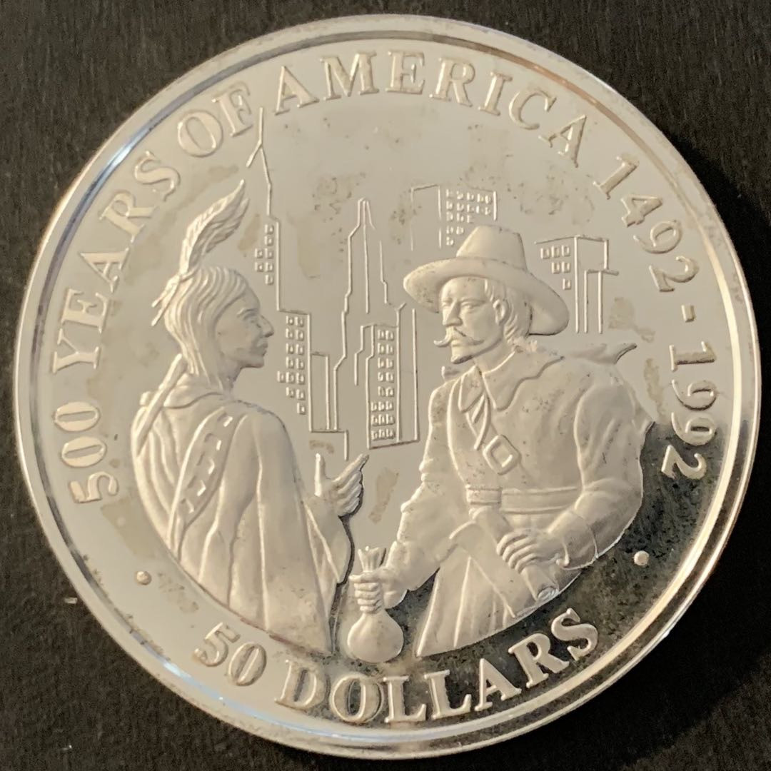 紫瑗钱币—微拍第70期  库克群岛 1991年 发现美洲500周年 50元 31.35克 0.925银 精制 1