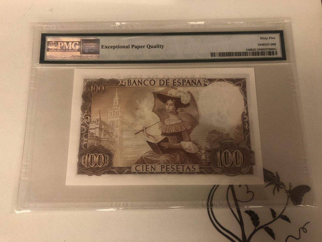 【收藏联盟】第142期拍卖——地中海心脏（共50拍） 西班牙 1965年 100比塞塔 PMG65EPQ  