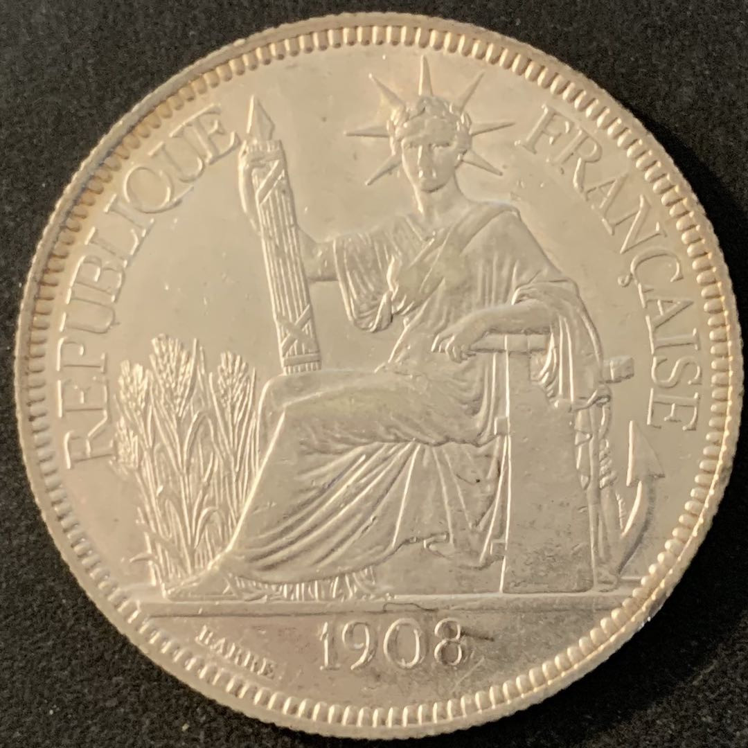 紫瑗钱币—微拍第70期  法属印度支那 1908年 1皮阿斯特 坐洋 27克 0.9银 AU品质