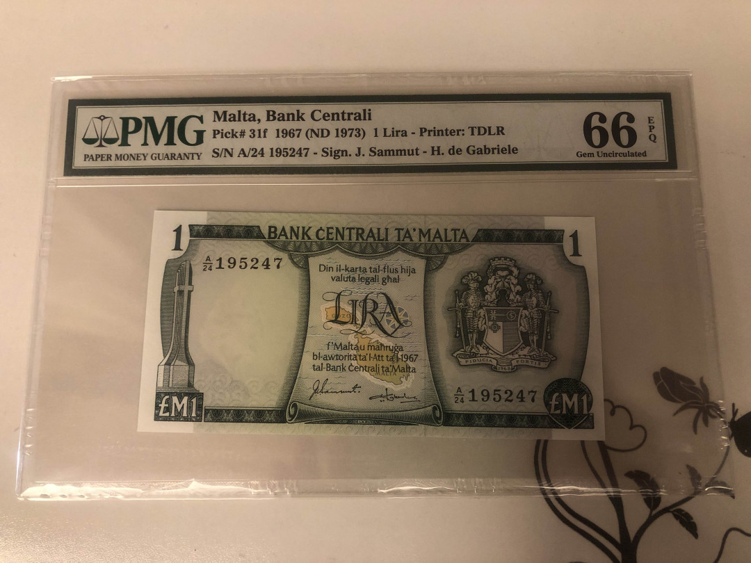 【收藏联盟】第142期拍卖——地中海心脏（共50拍） 马耳他 1967年 1里拉 PMG66EPQ 经典彩背 
