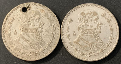 紫瑗钱币—微拍第70期  - 墨西哥 1962年 人物 1比索 银币 2枚一组 1枚有洞