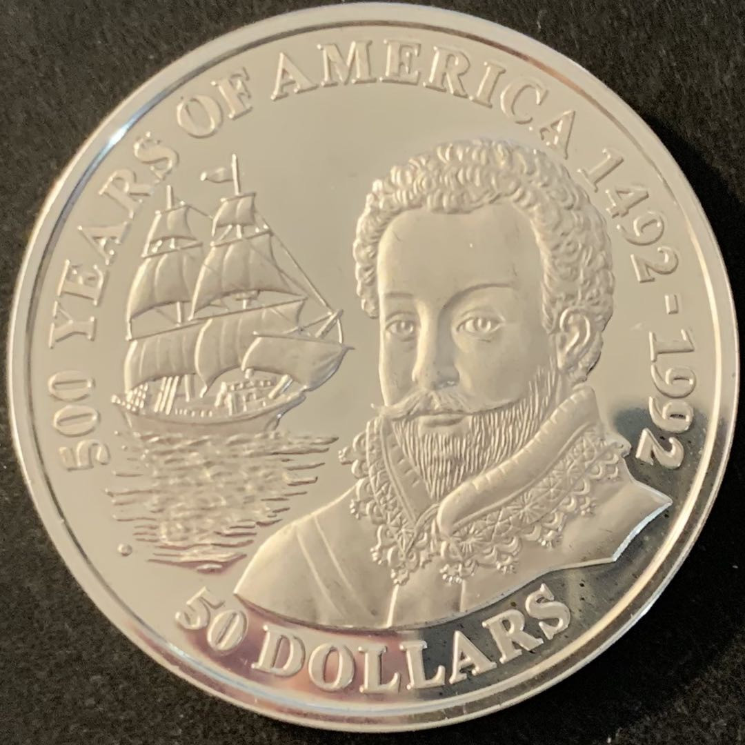 紫瑗钱币—微拍第70期  库克群岛 1990年 发现美洲500周年 50元 31.35克 0.925银 精制 9