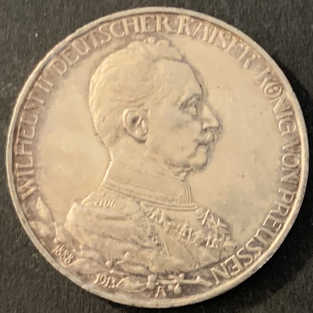 紫瑗钱币—微拍第70期  德国 普鲁士 1913年 威廉二世 军装 3马克 16.667克 0.9银