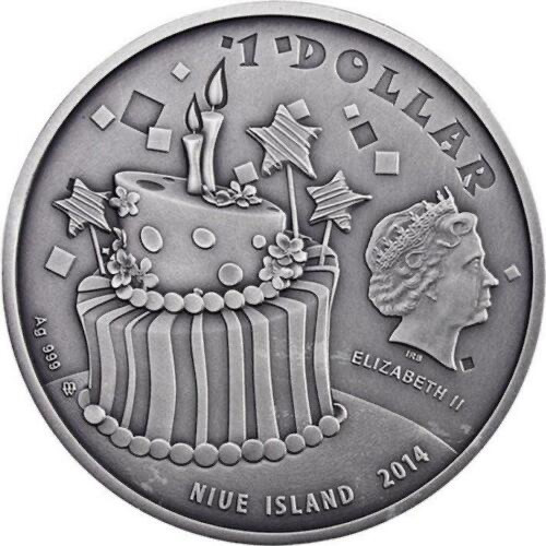 【币观天下】第109期钱币拍卖 【纽埃】 纽埃2014年1元，1盎司 龙头币 加大 生日快乐系列-“大蛋糕” 仿古抗氧 精浮雕 数字亮光高清彩色艺术精制大银币