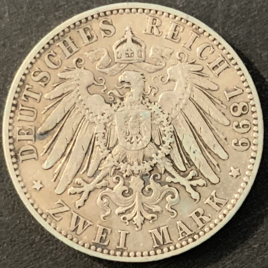 紫瑗钱币—微拍第70期  德国 普鲁士 1899年 威廉二世 2马克 11.11克 0.9银