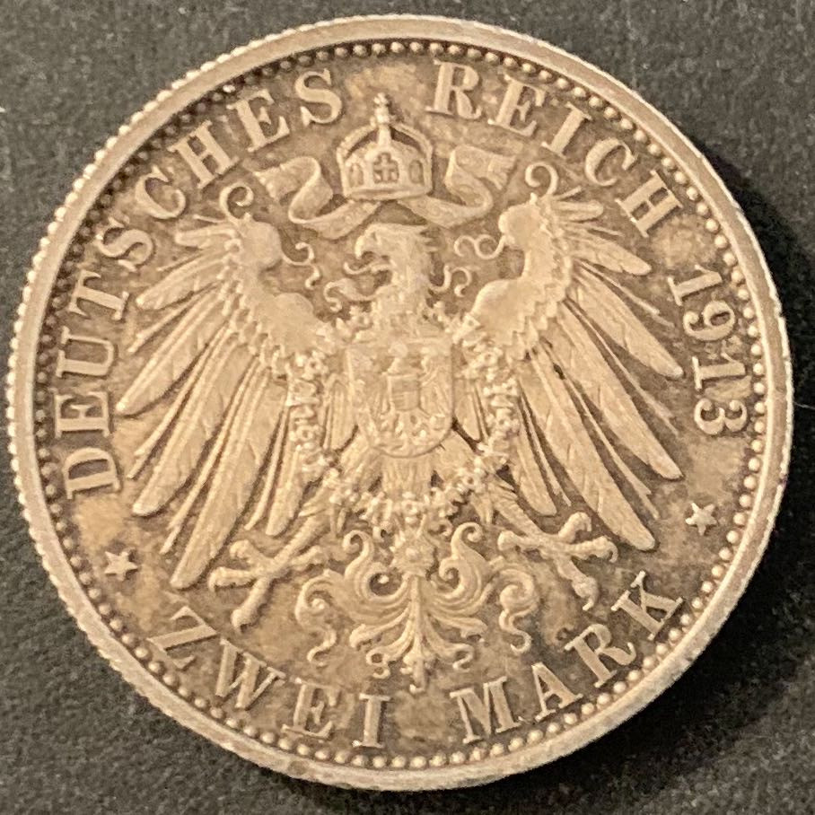 紫瑗钱币—微拍第70期  德国 普鲁士 1913年 军装 2马克 11.11克 0.9银