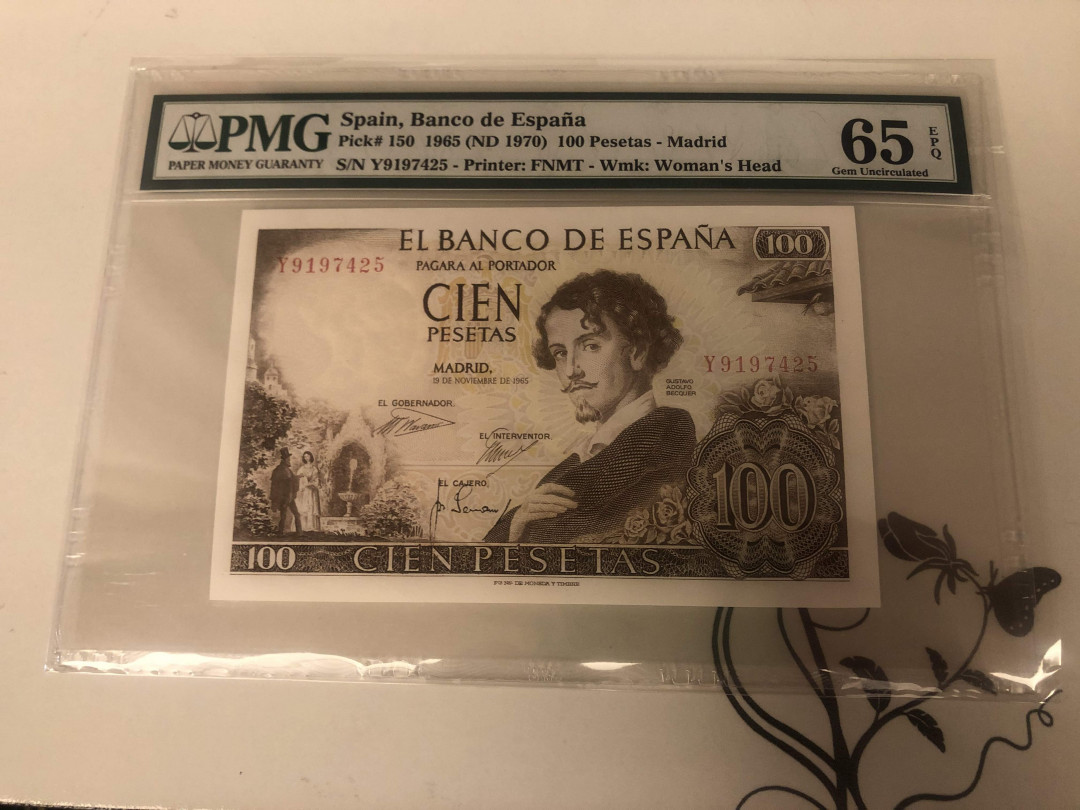 【收藏联盟】第142期拍卖——地中海心脏（共50拍） 西班牙 1965年 100比塞塔 PMG65EPQ  