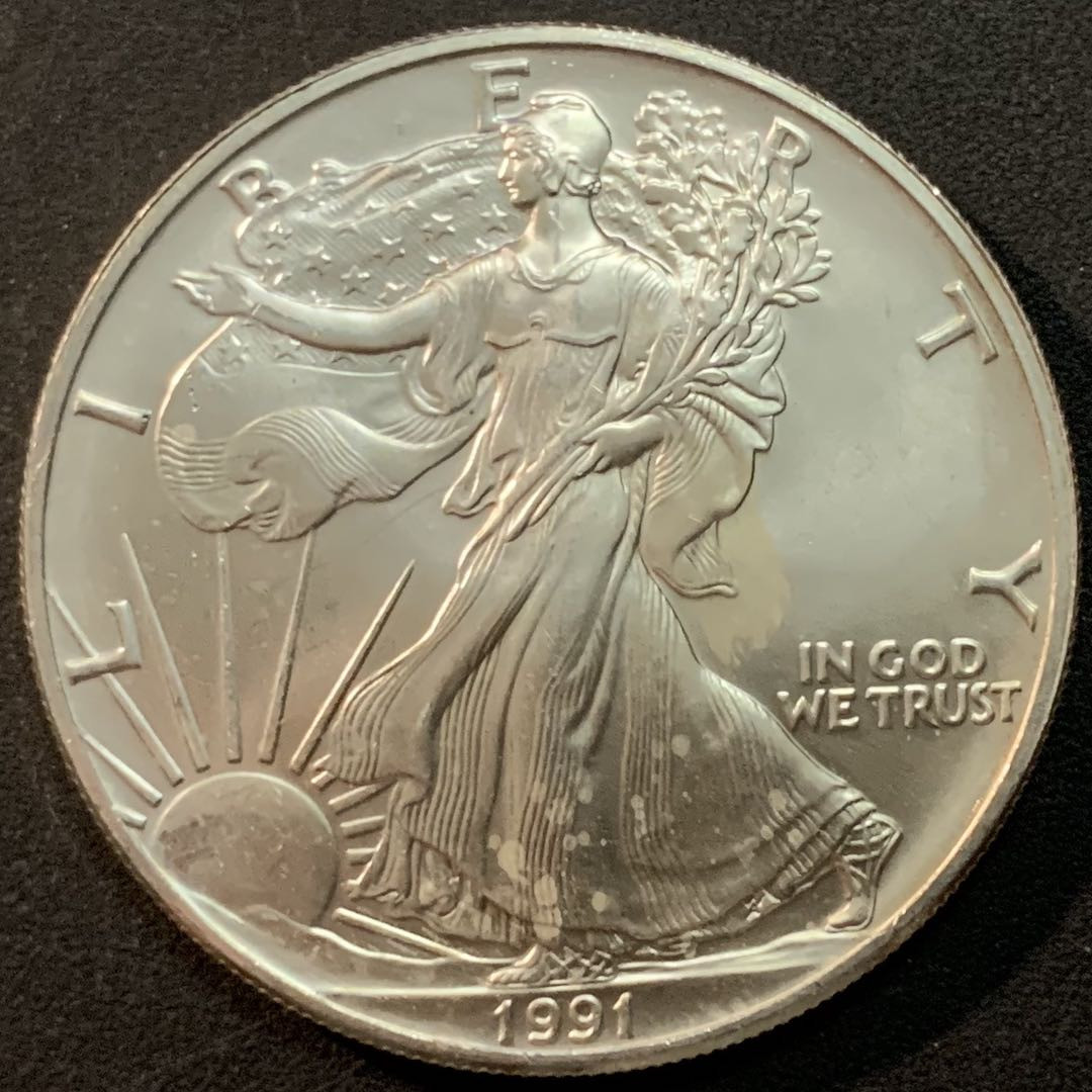 紫瑗钱币—微拍第70期  美国 1991年 行走女神 1盎司 投资银币 31.1克 0.999银 UNC