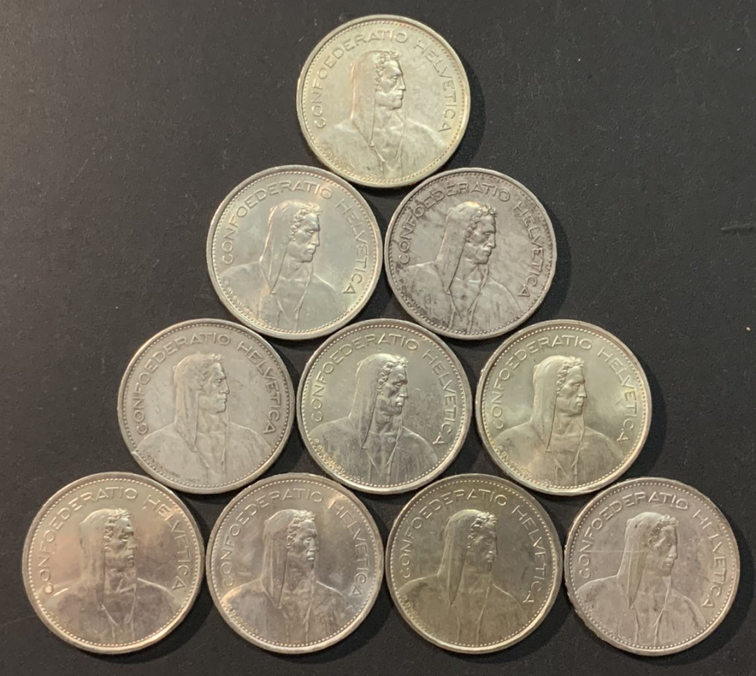 紫瑗钱币—微拍第70期  瑞士 1931—1967年 5法郎 10枚一组 共150克 0.835银