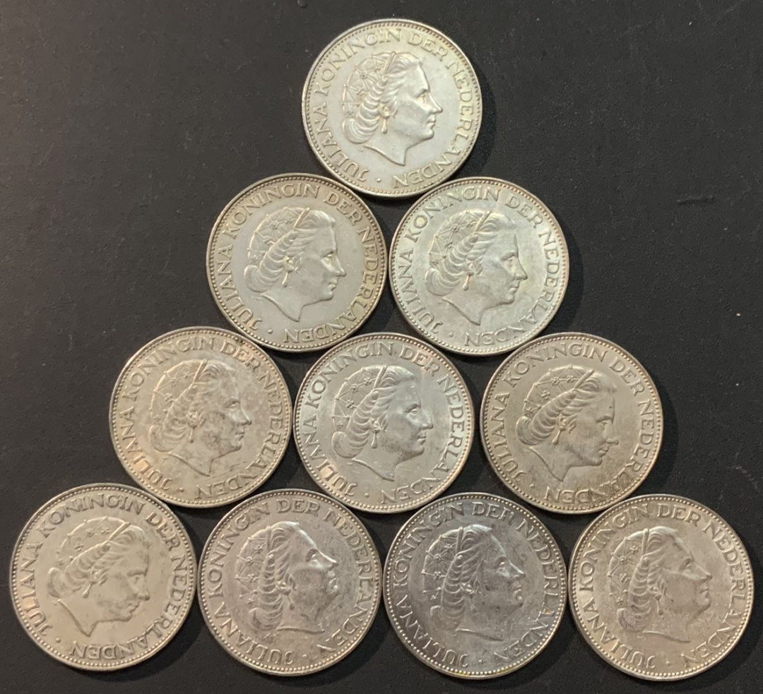 紫瑗钱币—微拍第70期  荷兰 1959—1966年 朱莉安娜女王 2.5盾 10枚一组 共150克 0.72银