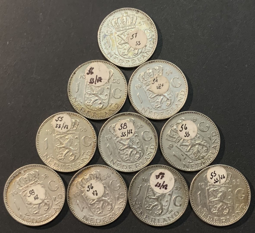 紫瑗钱币—微拍第70期  荷兰 1954—1967年 朱莉安娜女王 1盾 10枚一组 共65克 0.72银