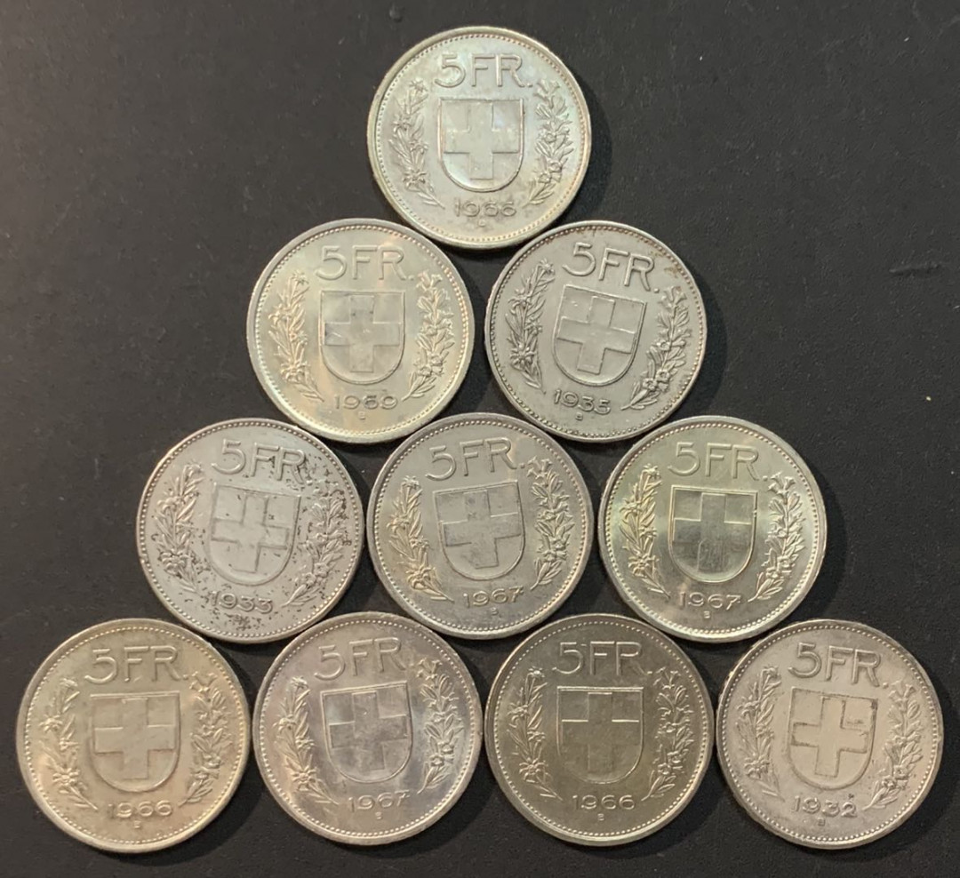 紫瑗钱币—微拍第70期  瑞士 1931—1967年 5法郎 10枚一组 共150克 0.835银
