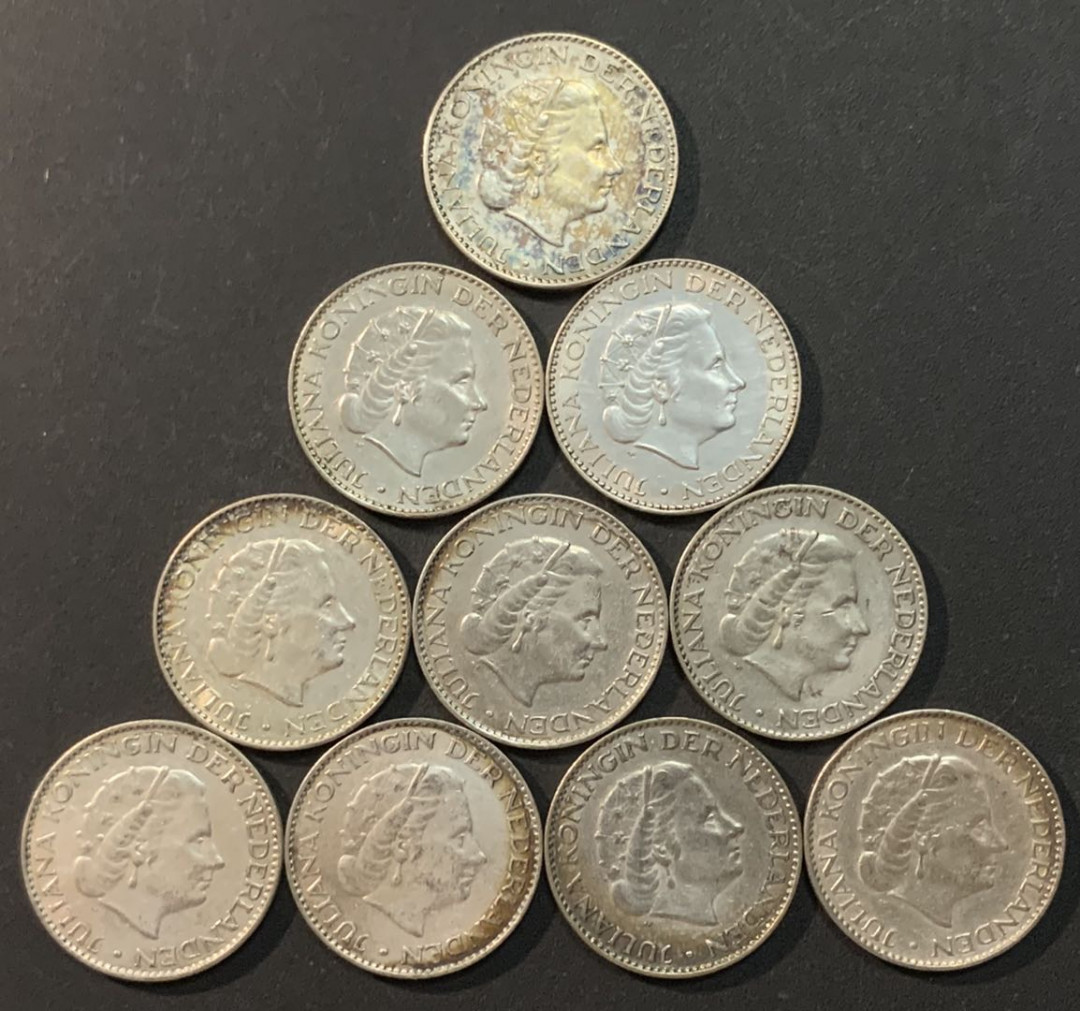 紫瑗钱币—微拍第70期  荷兰 1954—1967年 朱莉安娜女王 1盾 10枚一组 共65克 0.72银