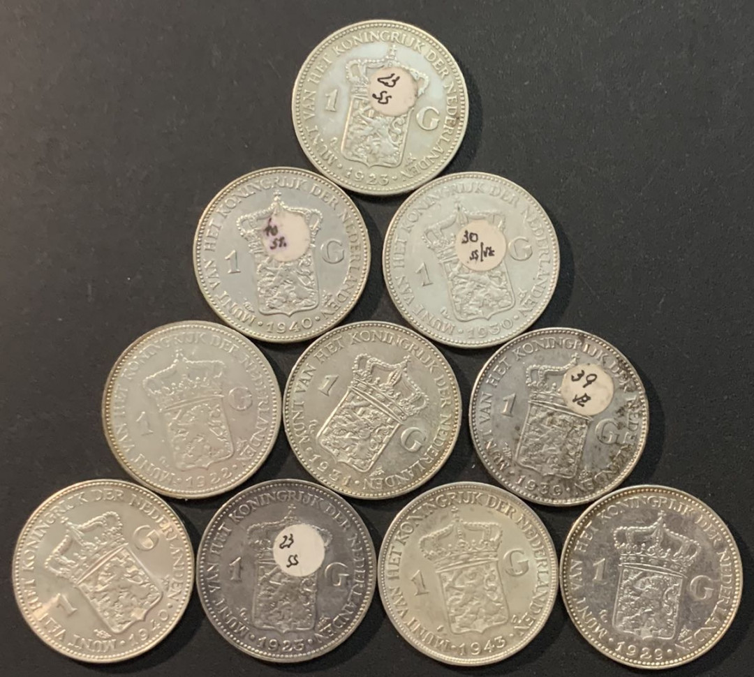 紫瑗钱币—微拍第70期  荷兰 1922—1940年 威廉明娜女王 1盾 10枚一组 共100克 0.72银