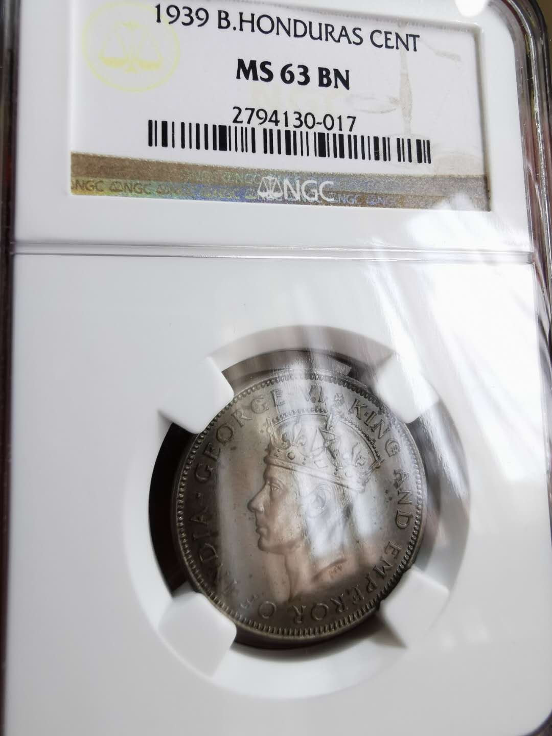 凡希社世界钱币微拍第一百二十二期 1939英属洪都拉斯乔六1C NGC-MS63