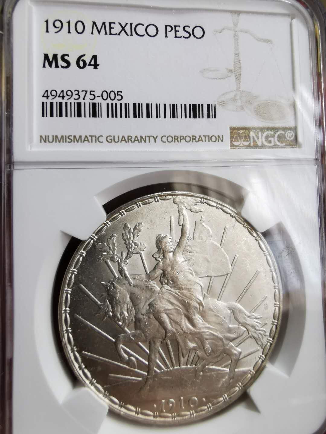 凡希社世界钱币微拍第一百二十二期 荐！1910墨西哥骑马女神比索大银NGC-MS64原色银光！