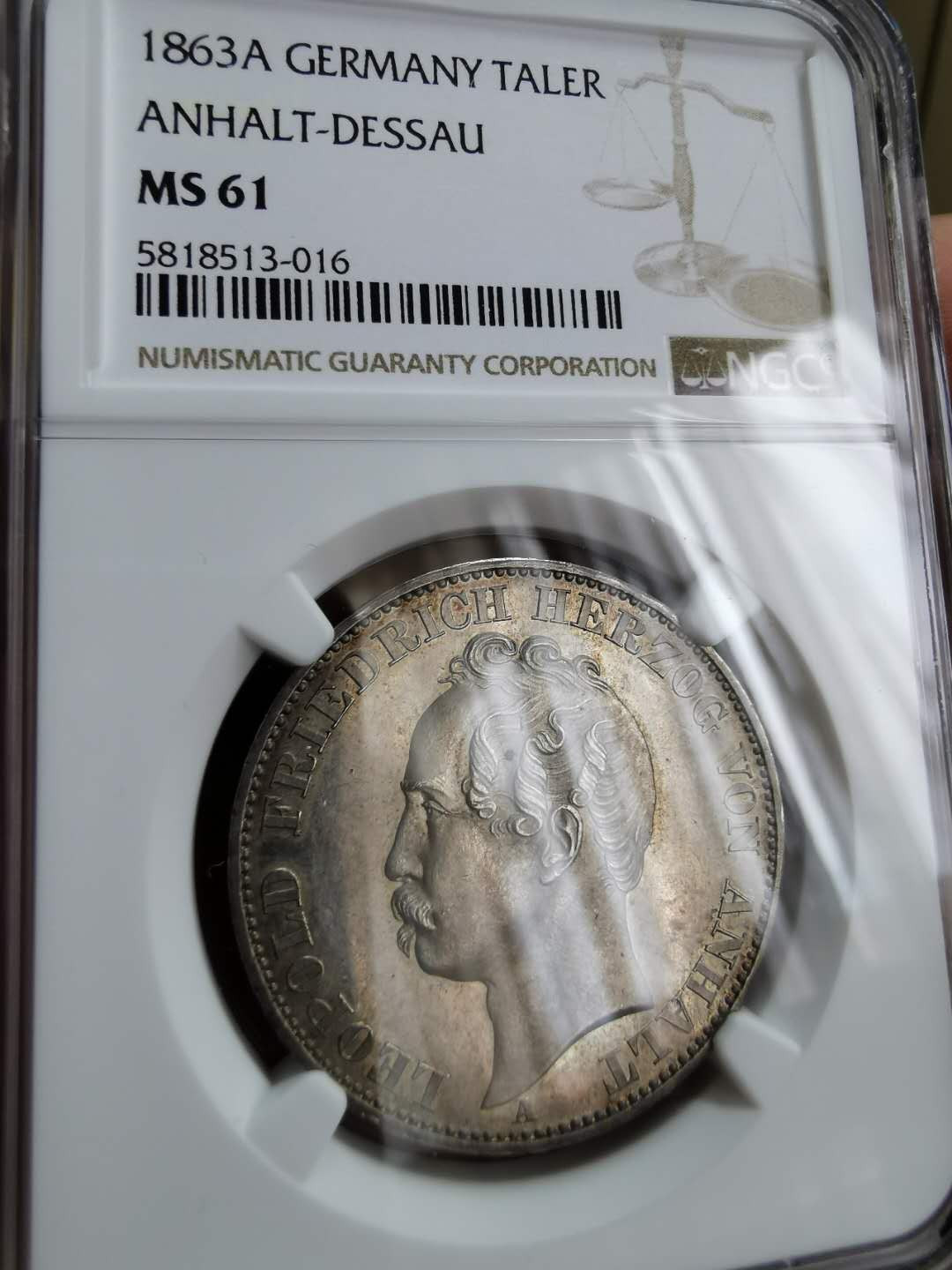 凡希社世界钱币微拍第一百二十二期 1863安哈特泰勒NGC-MS61淡彩！