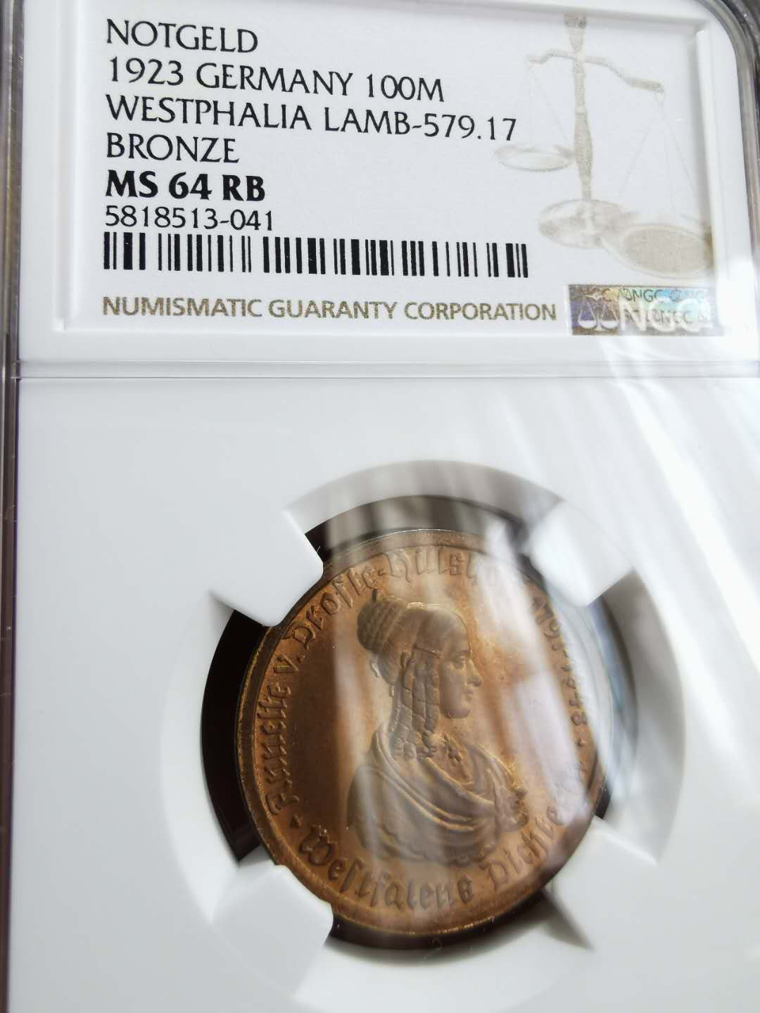凡希社世界钱币微拍第一百二十二期 1923威斯特伐利亚女像100马克铜NGC-MS64