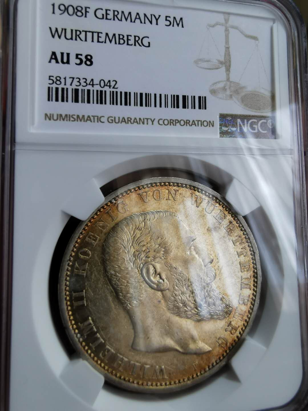 凡希社世界钱币微拍第一百二十二期 1908符腾堡5马克NGC-AU58