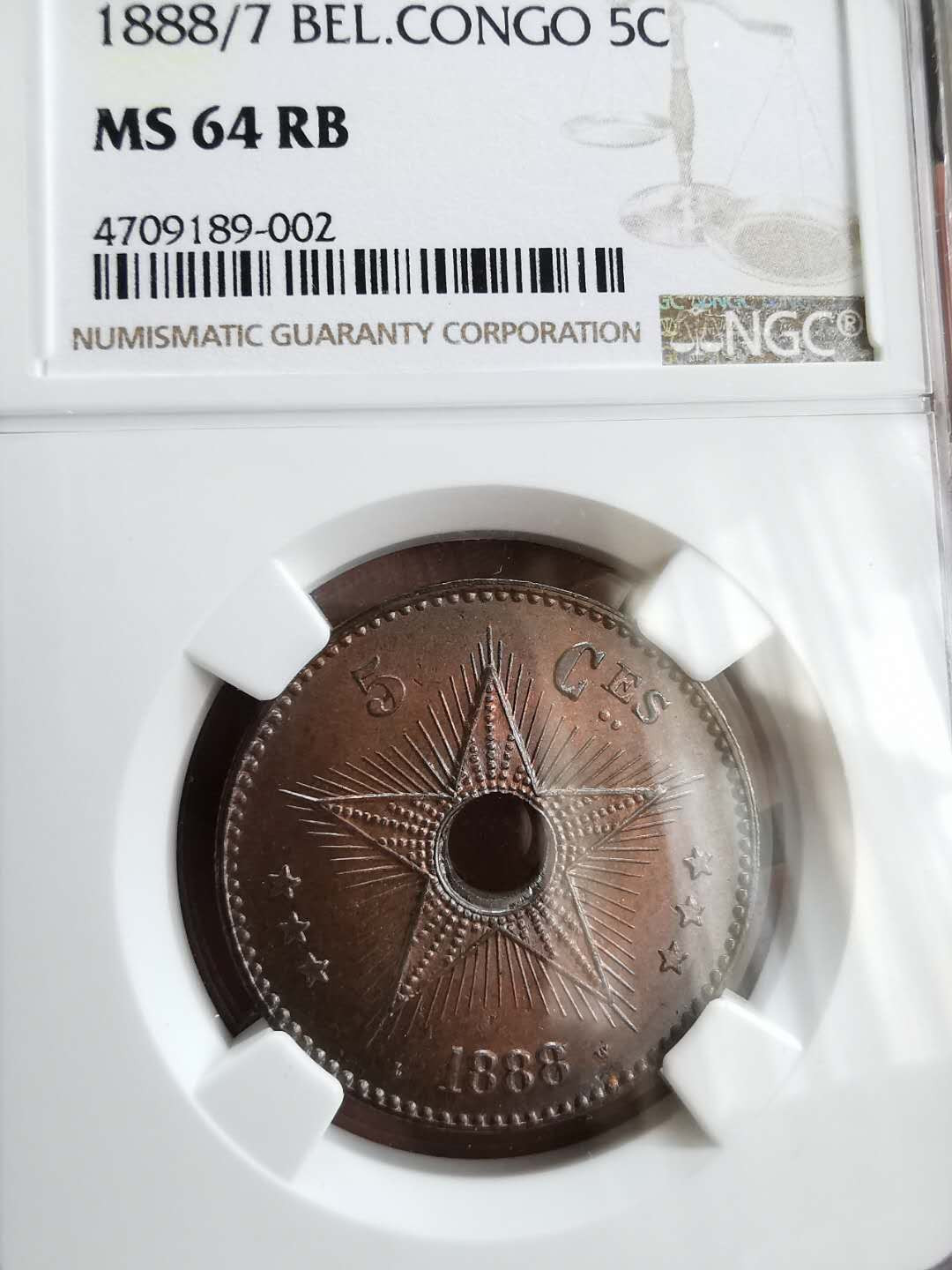 凡希社世界钱币微拍第一百二十二期 1888/7刚果自由邦5C NGC-MS64