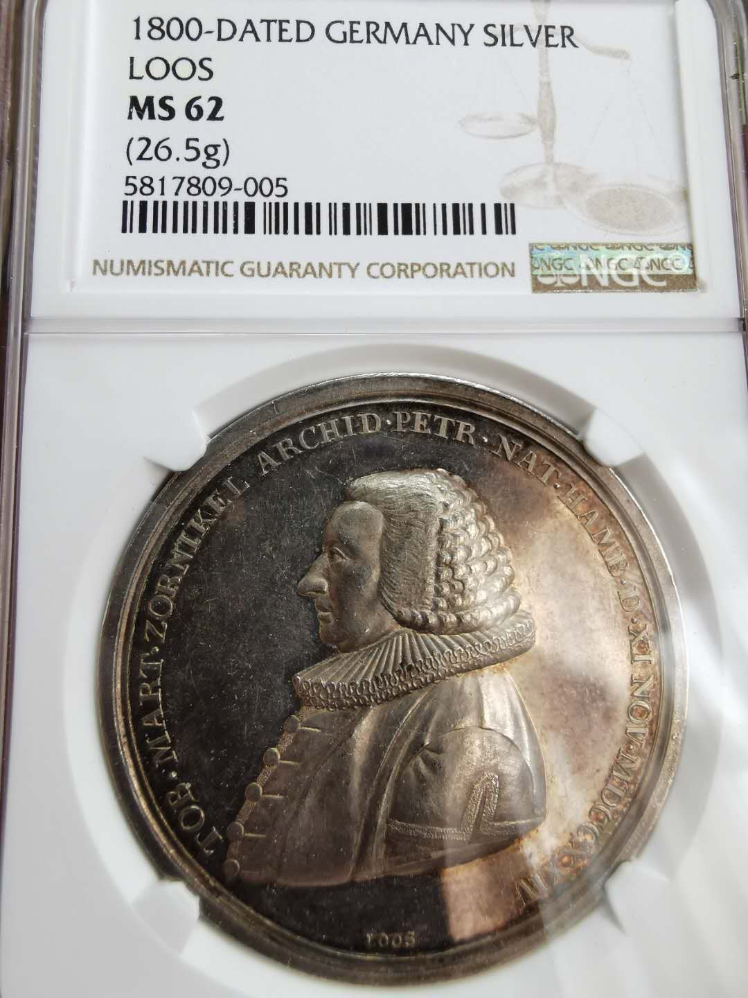 凡希社世界钱币微拍第一百二十二期 1800汉堡首席大执政官纪念银章NGC-MS62 LOOS作品