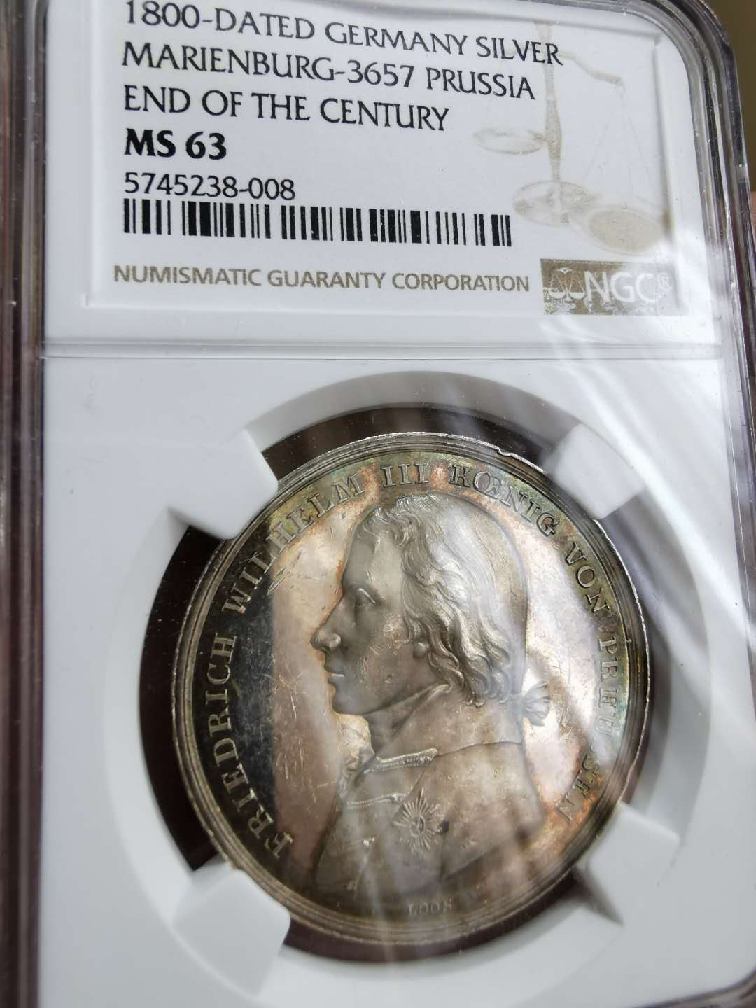 凡希社世界钱币微拍第一百二十二期 1800普鲁士新世纪降临纪念银章NGC-MS63五彩！