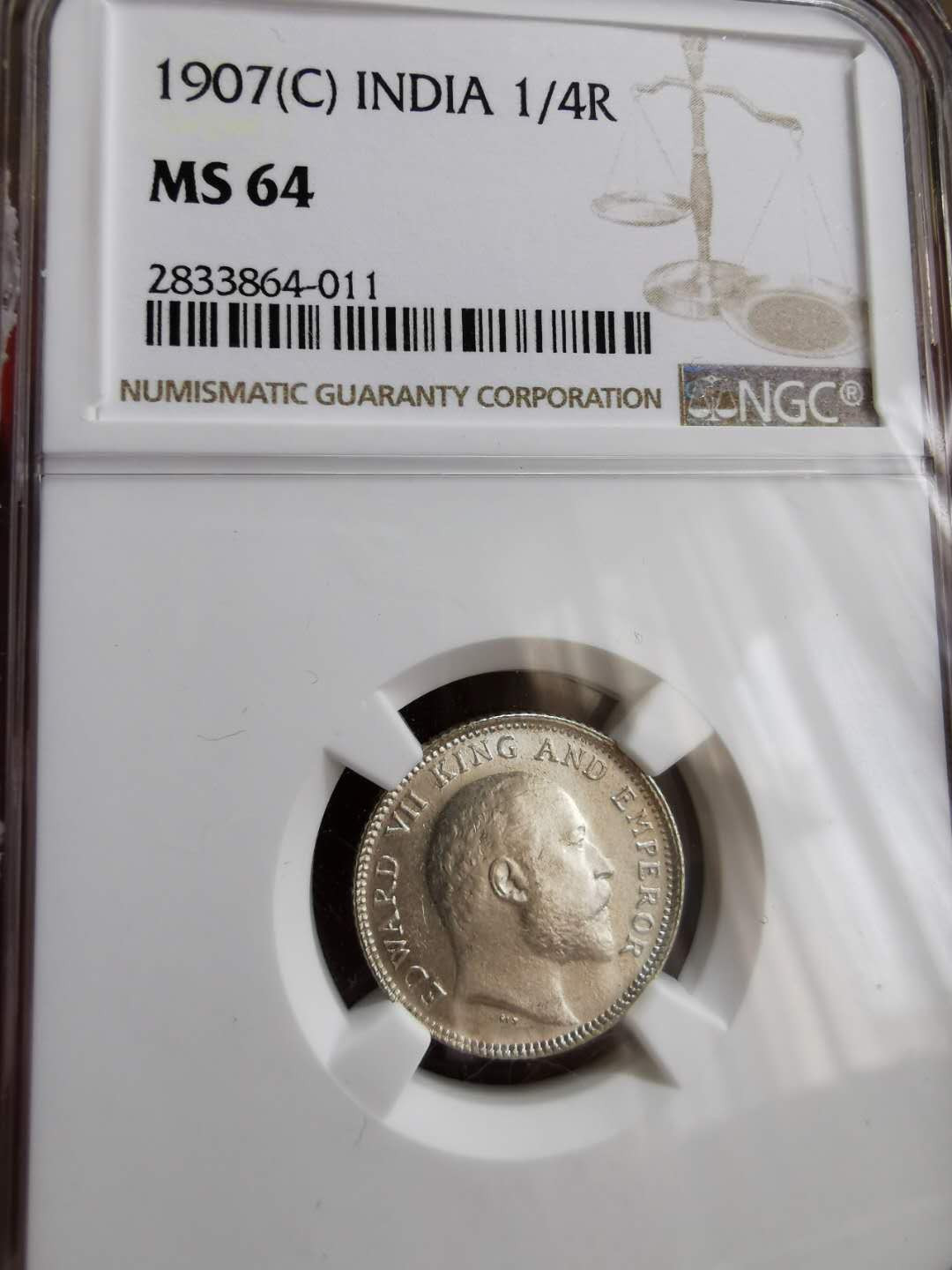 凡希社世界钱币微拍第一百二十二期 1907C英属印度爱七1/4卢比NGC-MS64