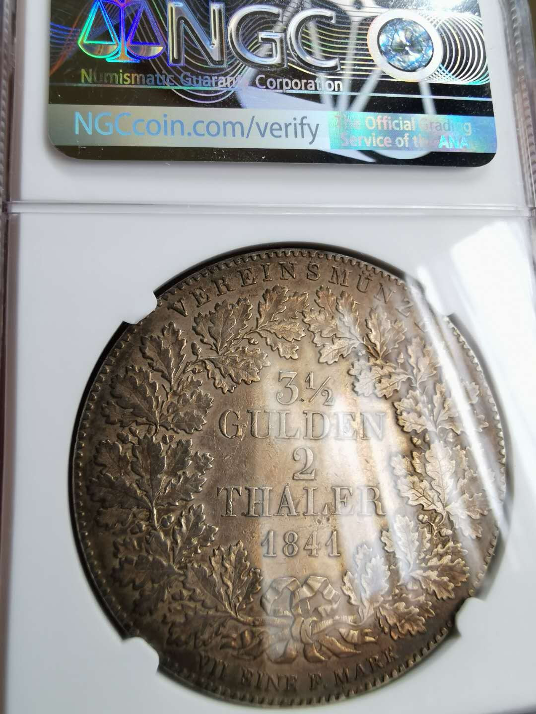 凡希社世界钱币微拍第一百二十二期 1841法兰克福景观泰勒大银NGC-AUD细节一流！