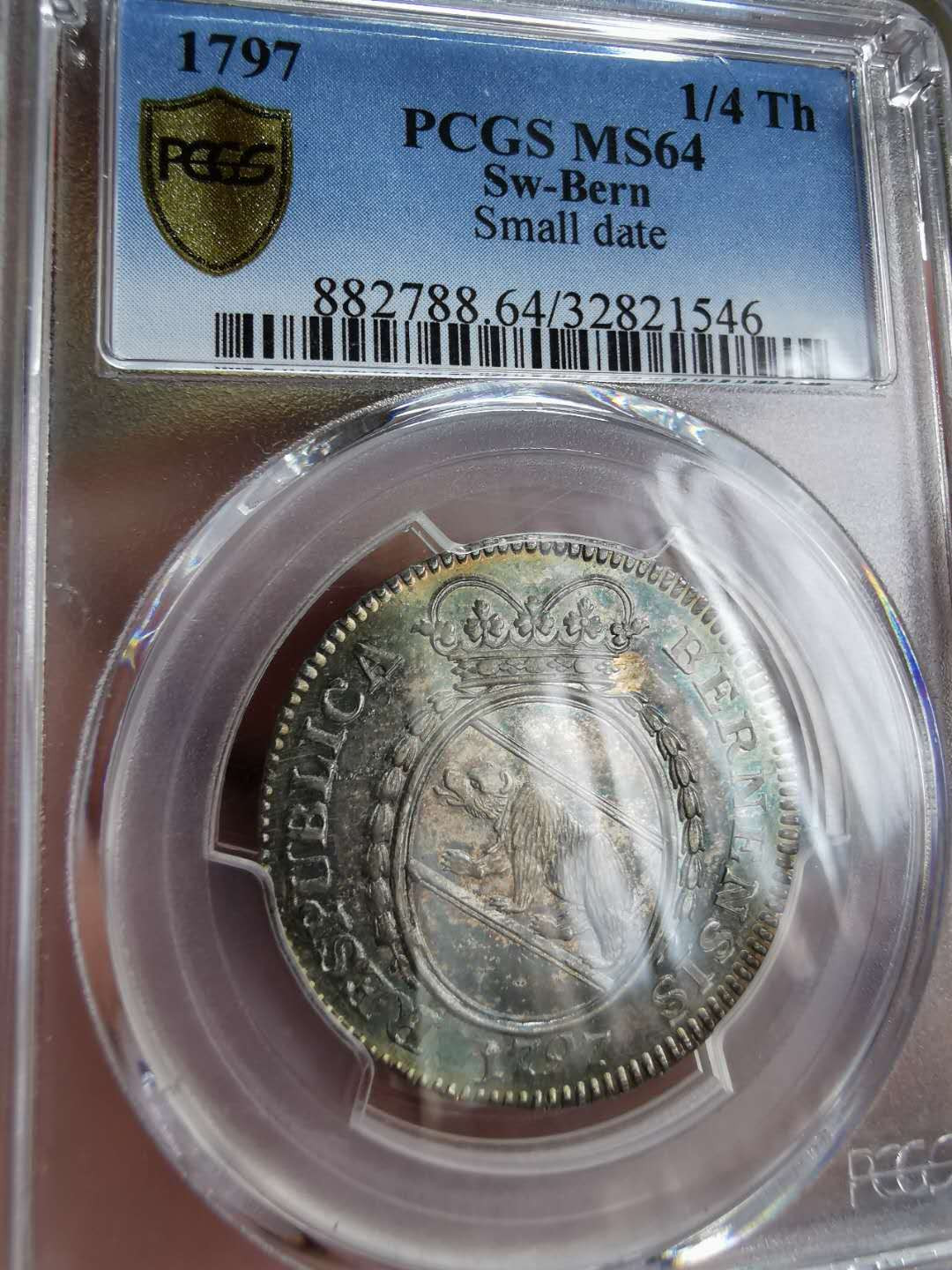 凡希社世界钱币微拍第一百二十二期 1797瑞士伯尔尼大熊1/4泰勒PCGS-MS64美包浆！