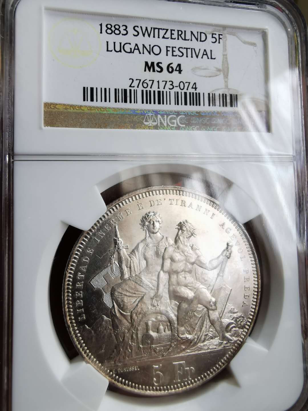 凡希社世界钱币微拍第一百二十二期 1883瑞士卢加诺射击节5法郎NGC-MS64