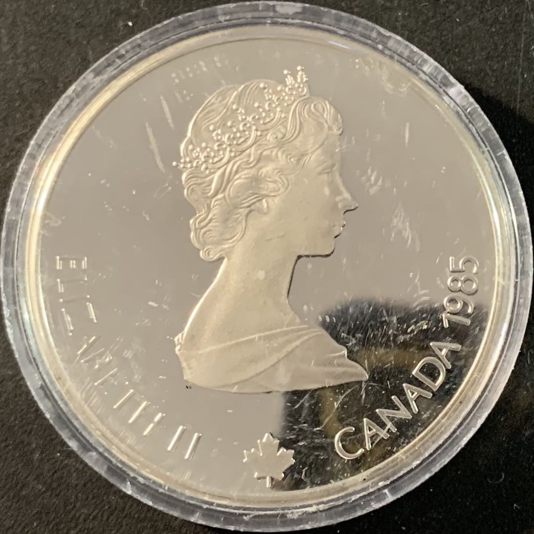 紫瑗钱币—微拍第71期  加拿大 1985年 卡尔加里冬奥运 越野滑雪 20元 银币 34.1克 0925银 精制