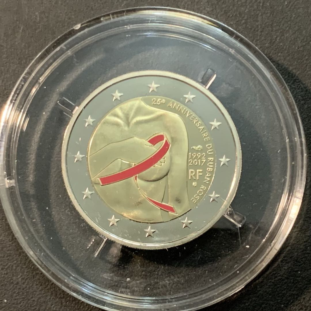 紫瑗钱币—微拍第71期  法国 2017年 防治乳腺癌粉红丝带运动25周年 2欧元 双色纪念币 精制 原盒证书