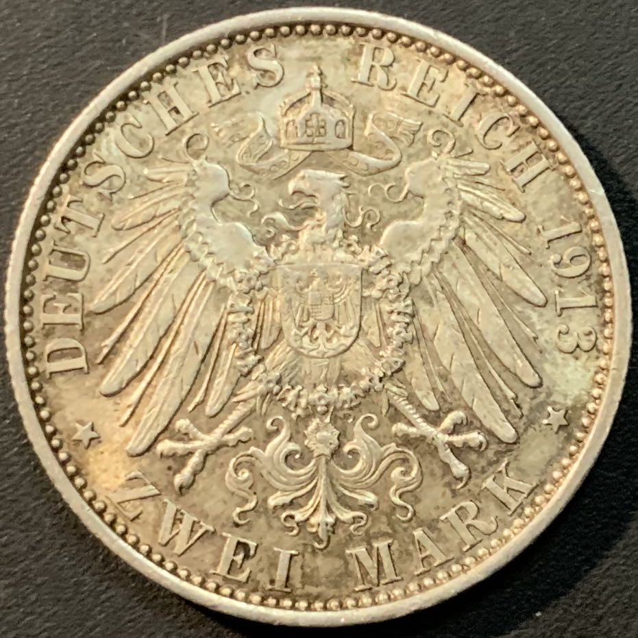 紫瑗钱币—微拍第71期  德国 普鲁士 1913年 军装 2马克 11.11克 0.9银