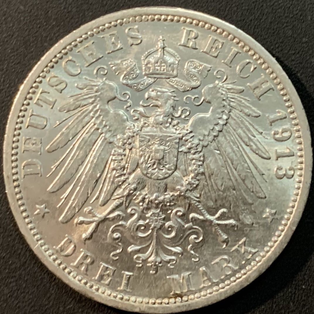 紫瑗钱币—微拍第71期  德国 普鲁士 1913年 威廉二世 军装 3马克 16.67克 0.9银