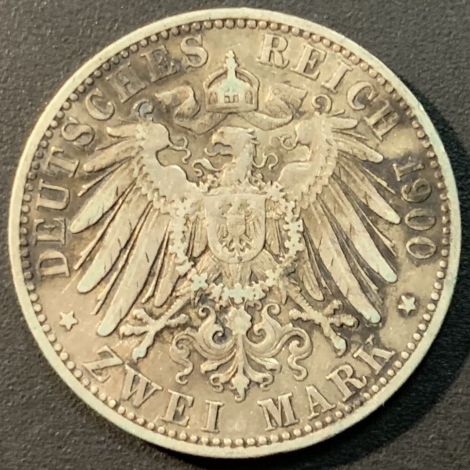 紫瑗钱币—微拍第71期  德国 普鲁士 1900年 威廉二世 2马克 11.11克 0.9银