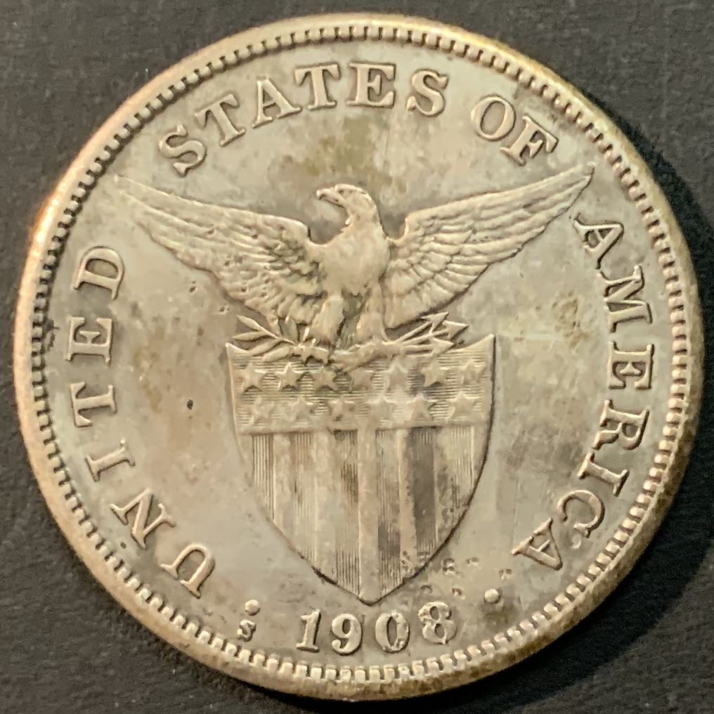 紫瑗钱币—微拍第71期  美属菲律宾 1908年 女神与火山 1比索 20克 0.8银