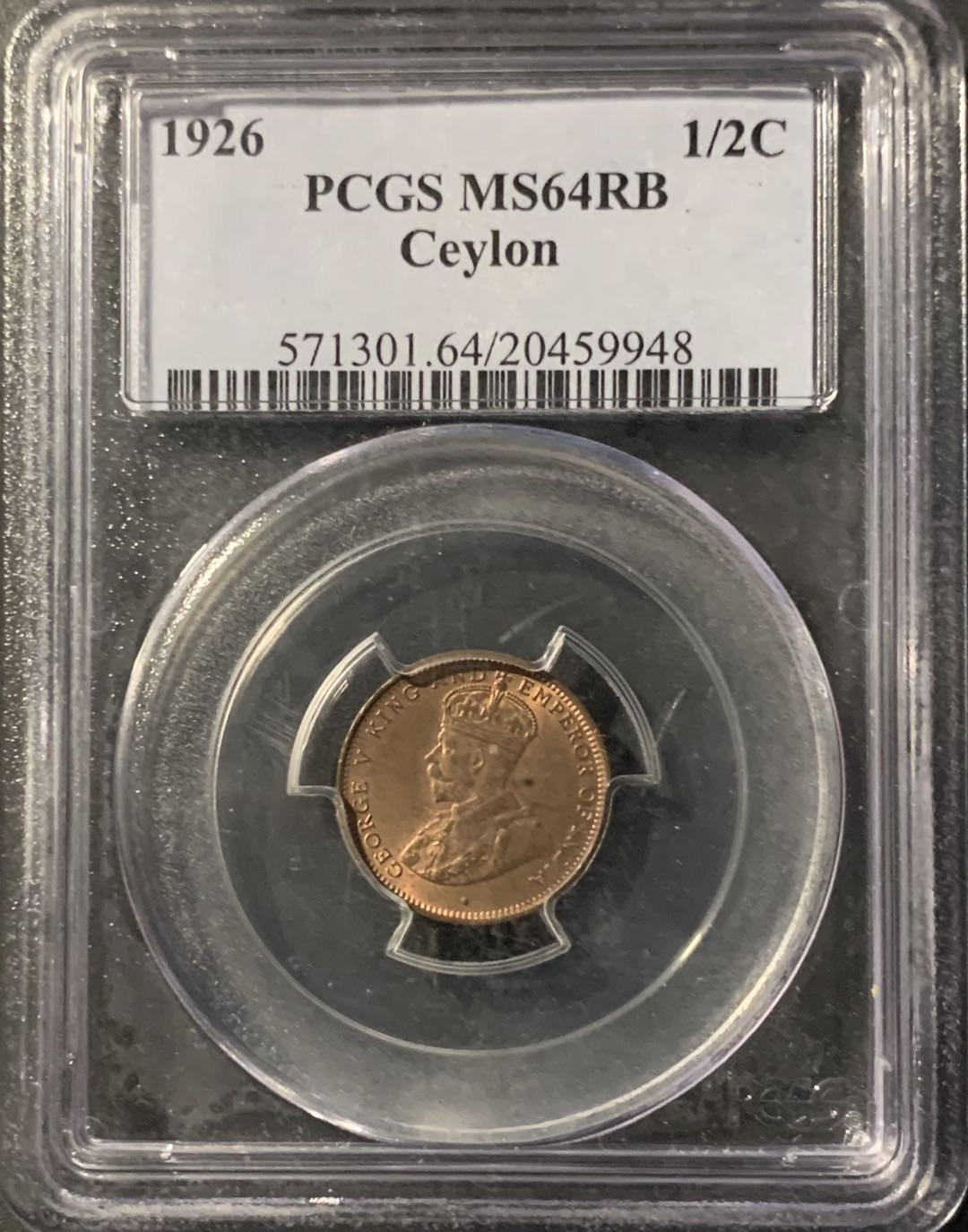 紫瑗钱币—微拍第71期  锡兰 1926年 乔治五世 1/2分 PCGS MS64 RB