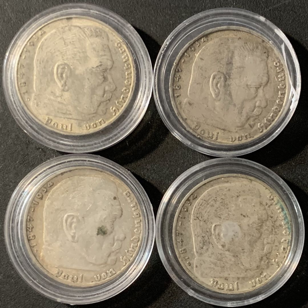 紫瑗钱币—微拍第71期  德国 兴登堡 人物 2马克 4枚一组 32克 0.625银