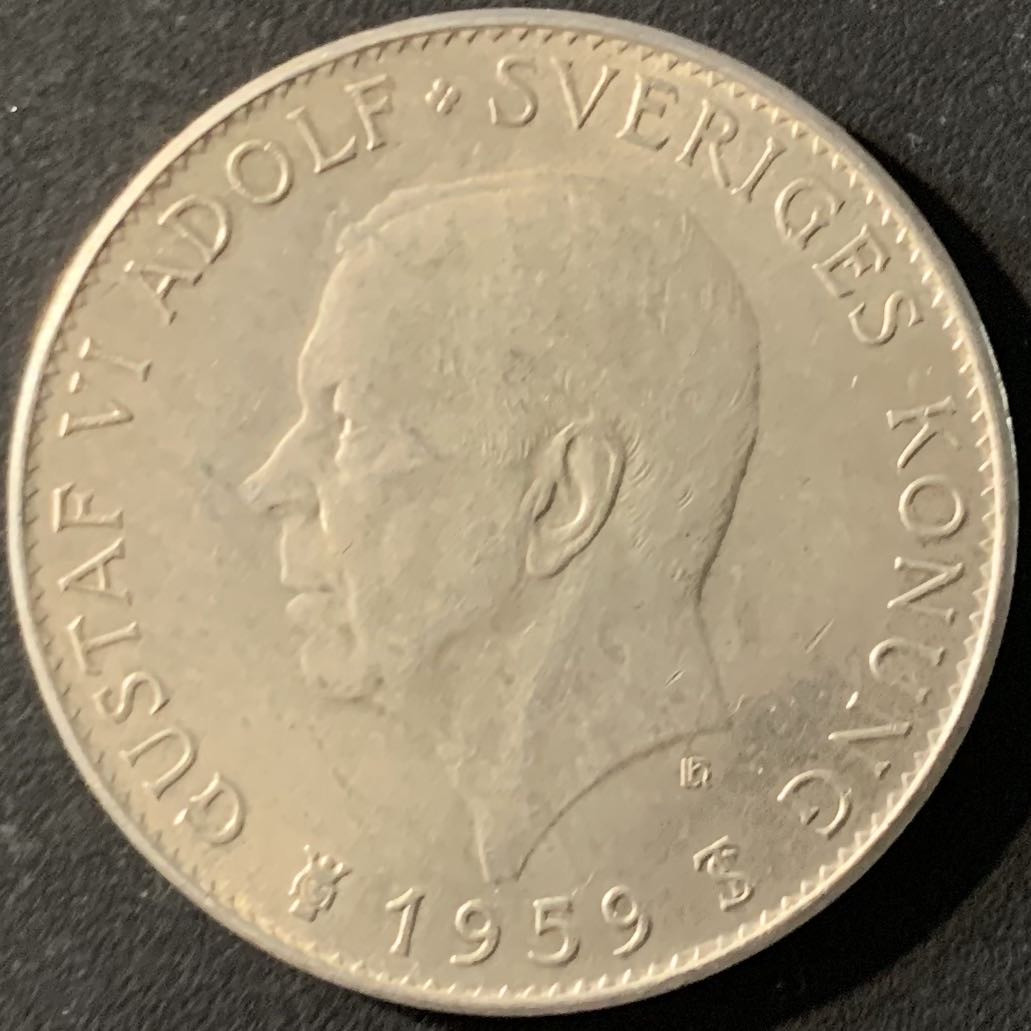 紫瑗钱币—微拍第71期  瑞典 1959年  宪法颁布150周年 5克朗 18克 0.4银