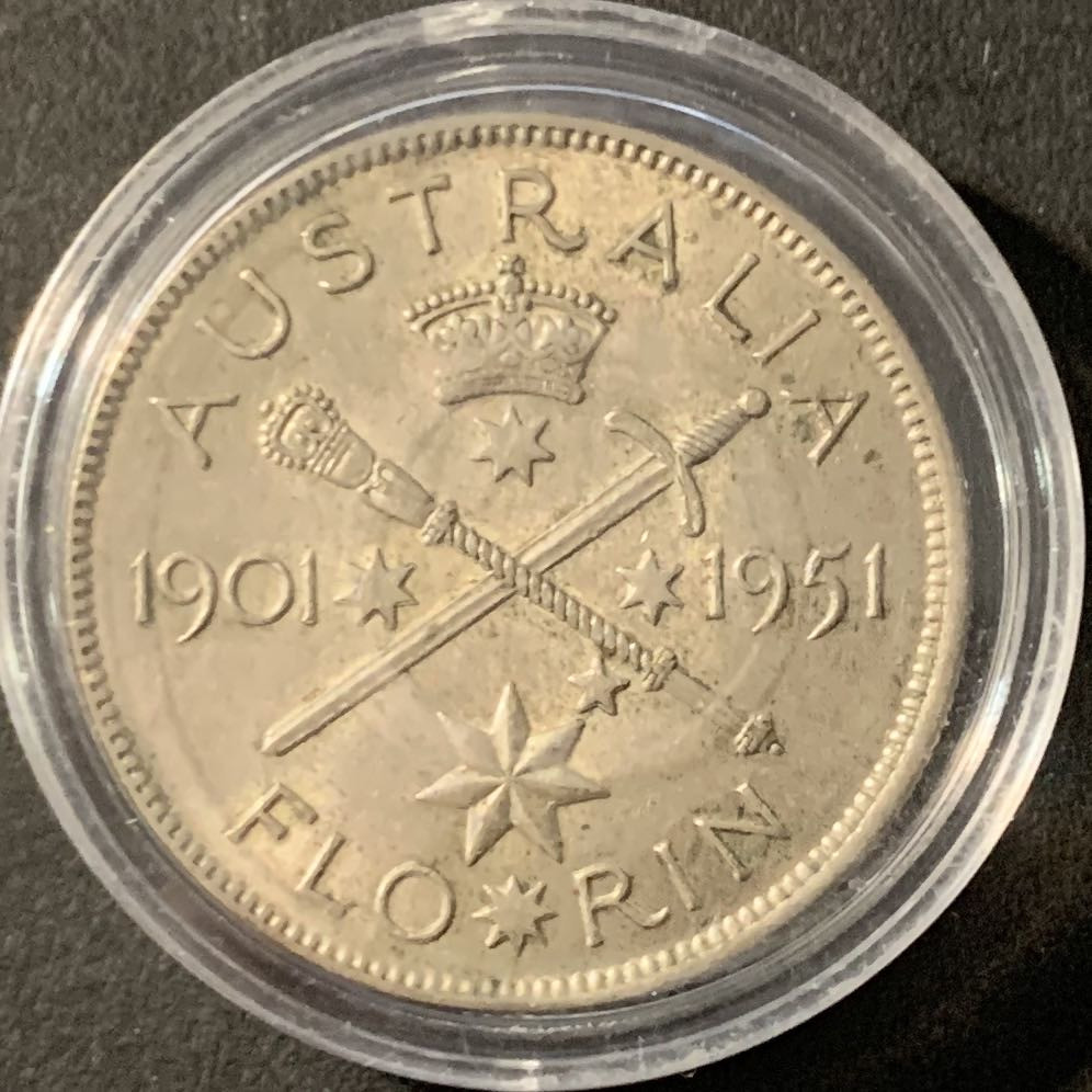 紫瑗钱币—微拍第71期  澳大利亚 1951年 乔治六世 登基25周年 1佛罗林 11.31克 0.5银