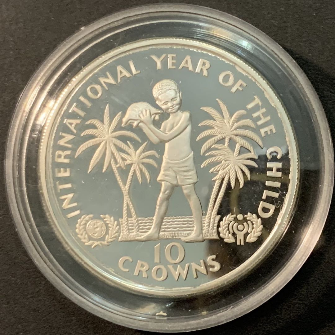 紫瑗钱币—微拍第71期  特克斯与凯恩斯  1982年 国际儿童年 10克朗 23.28克 0.925银 精制